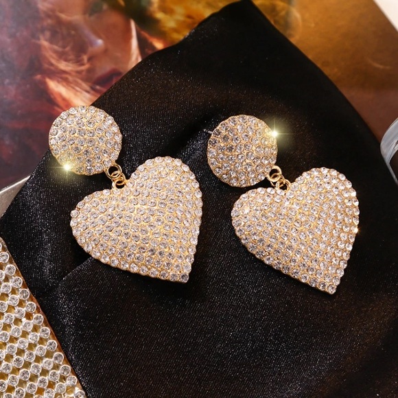 Gold Plated Rhinestone Heart Earrings - Picture 3 of 5